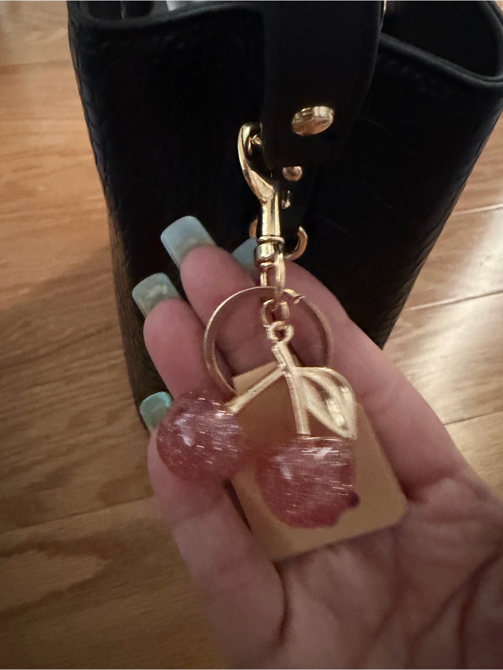 Gold Cherry Keychain Bag Charm in Pink